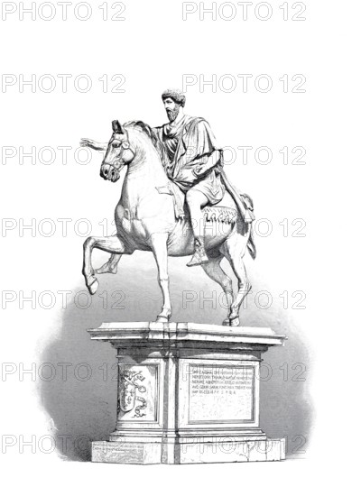 Marcus Aurelius, (born 26 April 121 in Rome as Marcus Annius Catilius Severus, died 17 March 180 in Vindobona or Sirmium), also known as Marcus Aurelius or Marcus Aurelius, was Roman emperor from 161 to 180 and as a philosopher the last important representative of the younger Stoa, equestrian statue from Capitoline Square in Rome, historical, digitally restored reproduction of a 19th century model