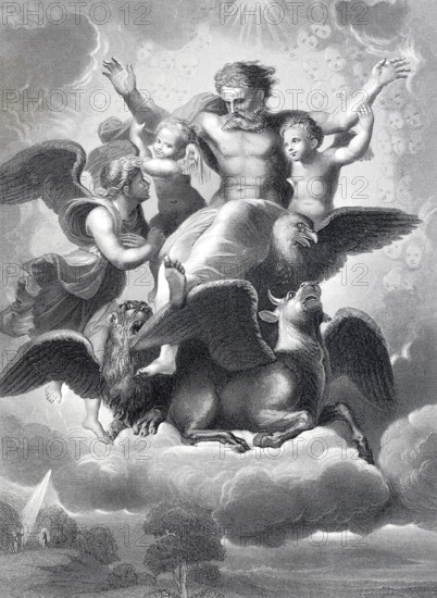 The vision of Ezekiel, one of the great scriptural prophets and the text attributed to him or the book of the same name in the Tanakh or Old Testament, steel engraving after a painting by Raphael, historical, digitally restored reproduction of a 19th century original