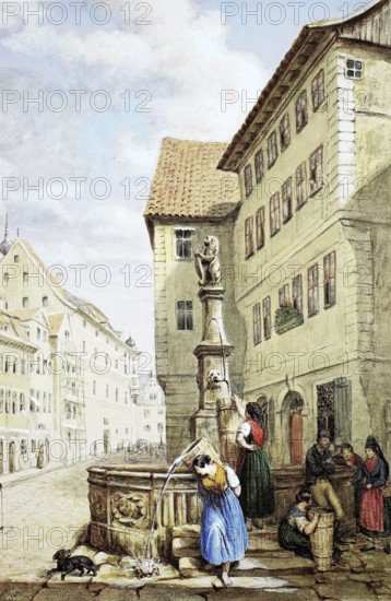 The Ketschengasse with fountain in 1841, Coburg, Upper Franconia, Bavaria, Germany, Historical, digitally enhanced reproduction of a 19th century original