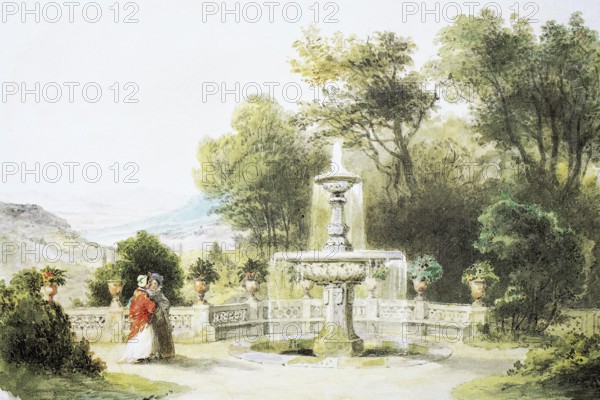 Fountain and terrace of Rosenau Castle, 1845, Coburg, Upper Franconia, Bavaria, Germany, Historical, digitally enhanced reproduction of a 19th century model
