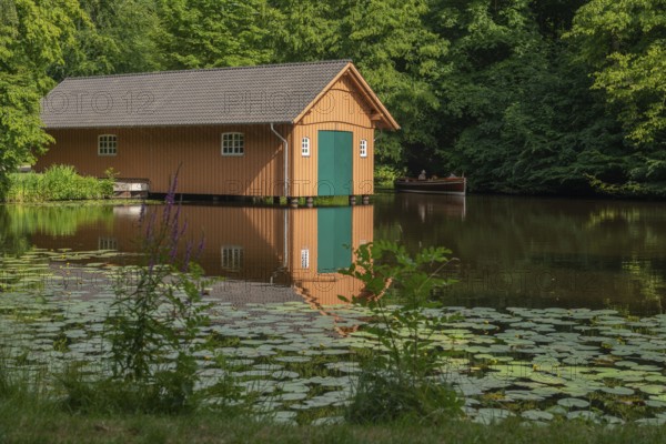 Boathouse at the Meiereisee in the Bürgerpark dating from 1866, passenger ship Marie, round trip, tourism, landscape park with rivers and lakes, garden monument, attraction, recreation, groups of trees, water reflection, water lilies, city state of Bremen, Germany