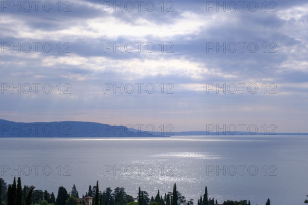 View over Lake Garda, Vittoriale degli Italiani, house and garden of Gabriele D'Annunzio, Gardone Riviera, Lake Garda, Lombardy, Italy