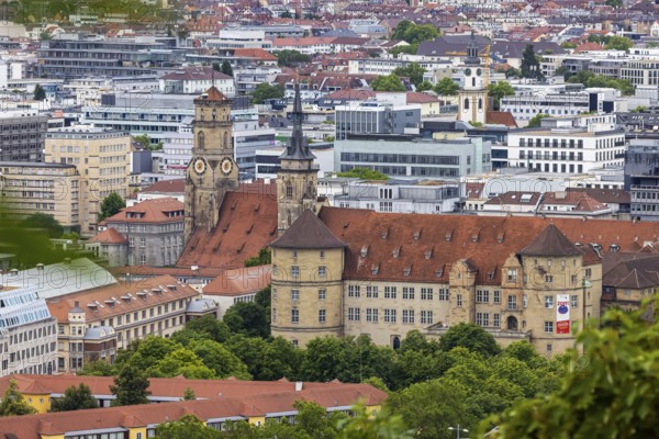 View of the state capital with collegiate church and Altes Schloss. Stuttgart, Baden-Württemberg, Germany
