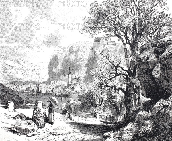 Landscape and castle near Pottenstein, Franconian Switzerland, 1870, District of Bayreuth, Upper Franconia, Bavaria, Germany, Historical, digitally enhanced reproduction of a 19th century original