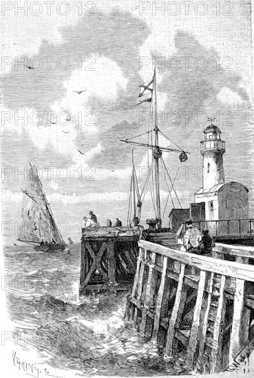 Lighthouse and harbour of Calais, 1870, Hauts-de-France, France, Historical, digitally enhanced reproduction of a 19th century original