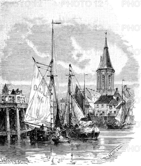 Landscape with church near Calais, 1870, Hauts-de-France, France, Historical, digitally enhanced reproduction of a 19th century original