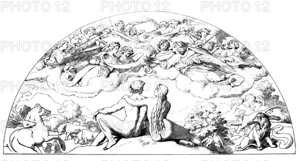 Biblical scene, The Creation, woodcut after a fresco painting in the Vienna Court Opera Theatre, 1869, Austria, Historical, digitally enhanced reproduction of a 19th century original