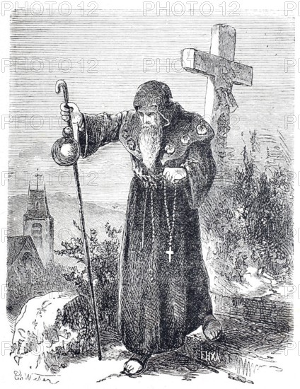 The stick and its use, Pilgrim's stick, Pilgrim's stick, Historical, digitally enhanced reproduction of a 19th century model