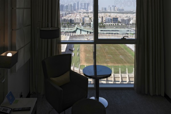Hotel room with a view of the Al Nahyan Stadium and skyline, Abu Dhabi, United Arab Emirates
