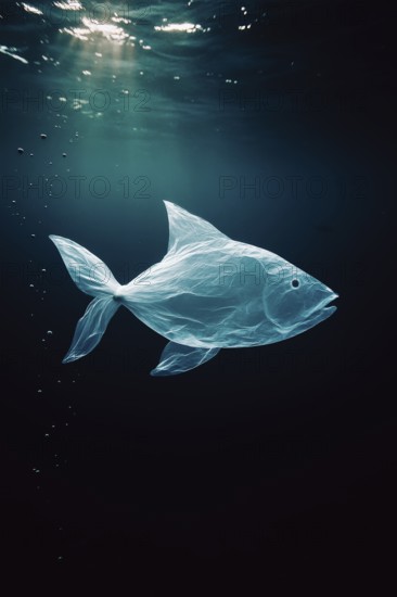 Plastic bag in the shape of a fish, swimming realistically in the open ocean, with air bubbles in the foreground, dramatic lighting mood from above, symbolic image for environmental pollution caused by plastic in the sea, AI-generated, AI-generated, AI generated
