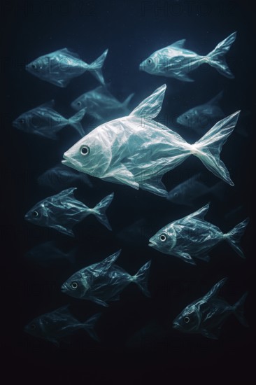 Plastic bags in the shape of several fish, realistically swimming in the open ocean, surrounded by some distant fish in the background, dramatic lighting mood, symbolic image for environmental pollution caused by plastic in the sea, AI-generated, AI-generated, AI generated
