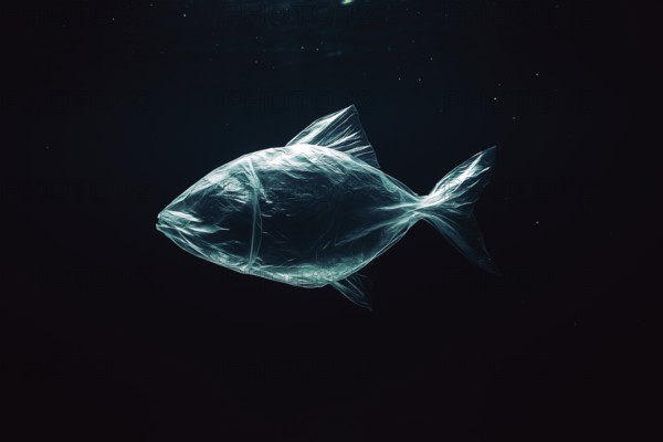 Plastic bag in the shape of a fish, realistically floating in the open ocean, with air bubbles, dark dramatic lighting mood from above, symbolic image for environmental pollution caused by plastic in the sea, AI-generated, AI-generated, AI generated