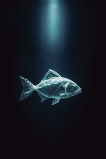 Plastic bag in the shape of a fish, realistically swimming in the open ocean, dark dramatic lighting mood from above, symbolic image for environmental pollution caused by plastic in the sea, AI-generated, AI-generated, AI generated