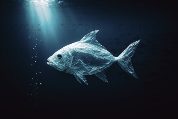 Plastic bag in the shape of a fish, realistically floating in the open ocean, with air bubbles in the foreground and a distant school of fish in the background, dramatic lighting mood from above, symbolic image for environmental pollution caused by plastic in the sea, AI-generated, AI-generated, AI generated