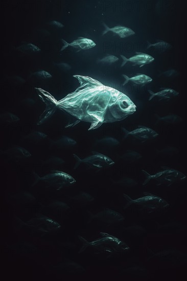 Plastic bag in the shape of a fish in the foreground, several fish surrounding it, swimming realistically in the open ocean, distant school of fish in the background, dramatic lighting mood from above, symbolic image for environmental pollution caused by plastic in the sea, AI-generated, AI-generated, AI generated