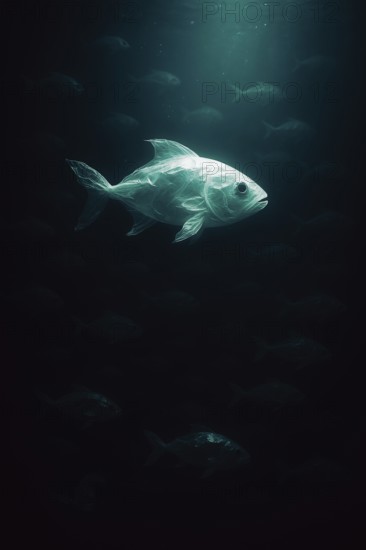 Plastic bag in the shape of a fish, swimming realistically in the open ocean, with hinted air bubbles in the foreground and a distant school of fish in the background, dramatic lighting mood from above, symbolic image for environmental pollution caused by plastic in the sea, AI-generated, AI-generated, AI generated