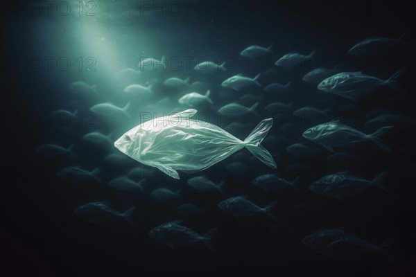 Plastic bag in the shape of a fish, realistically swimming in the open ocean, with air bubbles in the foreground and a school of fish made of plastic bags in the background, dramatic lighting mood from above, symbolic image for environmental pollution caused by plastic in the sea, AI-generated, AI-generated, AI generated