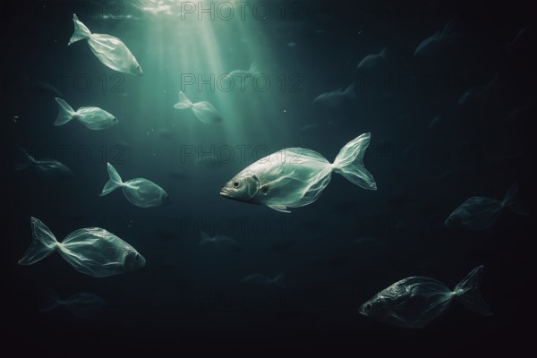 Plastic bags in the shape of several fish, swimming realistically in the open ocean, a few air bubbles visible surrounded by a distant school of fish in the background, dramatic lighting mood from above, symbolic image for environmental pollution caused by plastic in the sea, AI-generated, AI-generated, AI generated