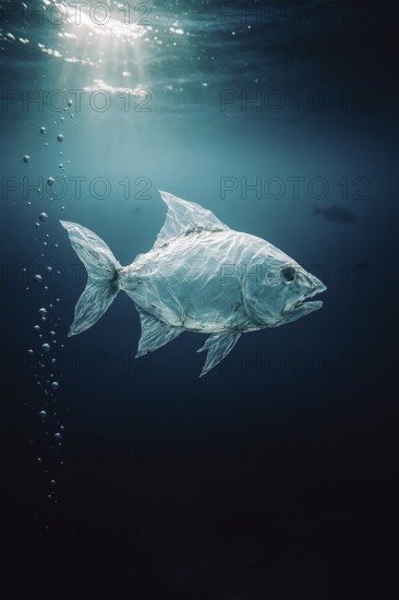 Plastic bag in the shape of a fish, realistically floating in the open ocean, with air bubbles in the foreground and a distant school of fish in the background, dramatic lighting mood from above, symbolic image for environmental pollution caused by plastic in the sea, AI-generated, AI-generated, AI generated
