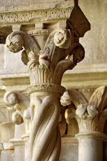 Slender Gothic columns with filigree capitals in the cloister, Gothic basilica of the Cistercian Abbey of Fossanova, Cistercian-Burgundian architectural style, Priverno, Province of Latina, Lazio, Italy