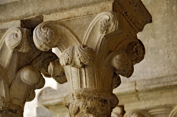 Slender Gothic columns with filigree capitals in the cloister, Gothic basilica of the Cistercian Abbey of Fossanova, Cistercian-Burgundian architectural style, Priverno, Province of Latina, Lazio, Italy