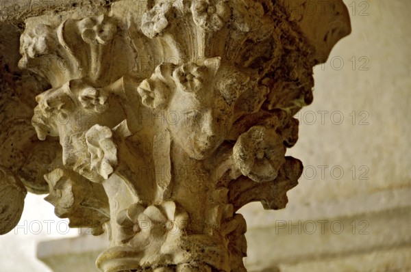 Slender Gothic column with filigree capital in the cloister, Gothic basilica of the Cistercian Abbey of Fossanova, Cistercian-Burgundian architectural style, Priverno, Province of Latina, Lazio, Italy
