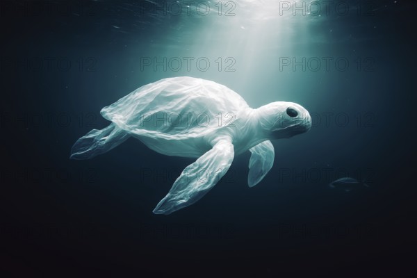 Plastic bag in the shape of a turtle, floating, in the background a fish-shaped plastic bag, dark underwater landscape with bright light from above, symbolic representation of the threat to marine biodiversity from plastic waste, AI-generated, AI-generated, AI generated