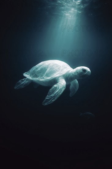 Plastic bag in the shape of a turtle, photorealistically floating in the open ocean, dramatic light from above breaks through the dark water environment, symbolising the merging of waste and marine life through pollution, AI-generated, AI-generated, AI generated