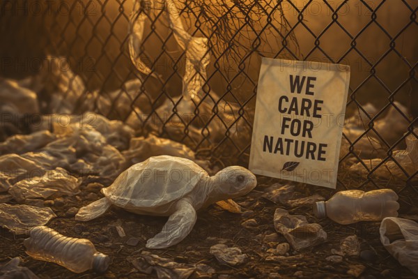 Plastic bag in the shape of a turtle, on the ground in front of a metal fence with rubbish lying around, a sign with the inscription We care for nature hangs on the fence, strong visual criticism of the double standards in dealing with the environment and consumer behaviour, AI-generated, AI-generated, AI generated