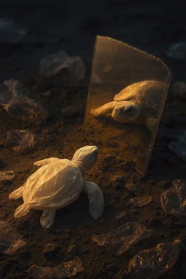 Plastic bag in the shape of a turtle, lying on dirty sand surrounded by plastic waste and looking at a mirror in which the reflection of a real turtle appears, warm light, symbolic juxtaposition of reality and loss of biodiversity through environmental destruction, AI-generated, AI-generated, AI generated