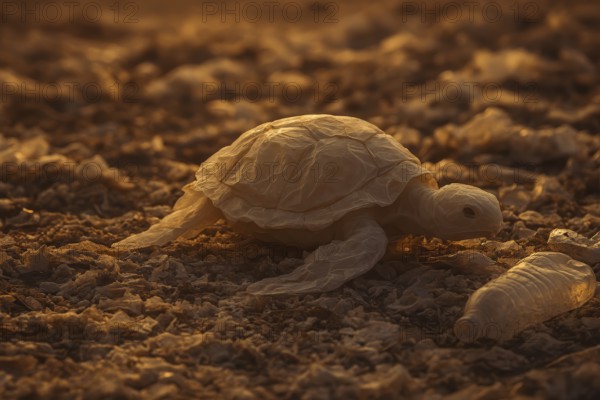 Plastic bag in the shape of a turtle, crawling over a polluted sandy beach, surrounded by a PET bottle and packaging waste, warm light mood with low sun, critical symbol for the effects of consumption and throwaway society on the animal world, AI-generated, AI-generated, AI generated