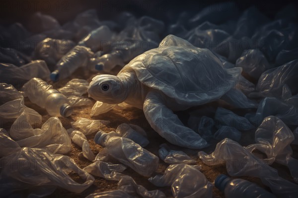 Plastic bag in the shape of a turtle, crawling over a polluted sandy beach, surrounded by PET bottles, bags and packaging waste, warm light mood with low sun, critical symbol for the effects of consumption and throwaway society on the animal world, AI-generated, AI-generated, AI generated