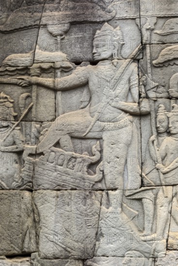 Stone bas-reliefs, Khmer war campaign against the Cham, relief wall, east façade, Bayon temple, Angkor Thom, Siem Reap province, Cambodia