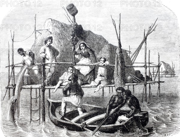 Sponge fisherman at work, 1880, Cuba, digitally enhanced reproduction from a 19th century original, historical, exact date unknown