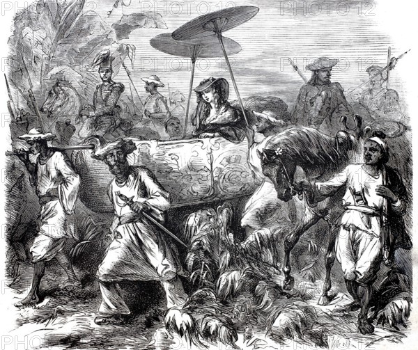 Wilhelmina Mac-Slane in a palanquin, sedan chair, with her entourage, c. 1875, digitally enhanced reproduction from a 19th century model, historical, exact date unknown