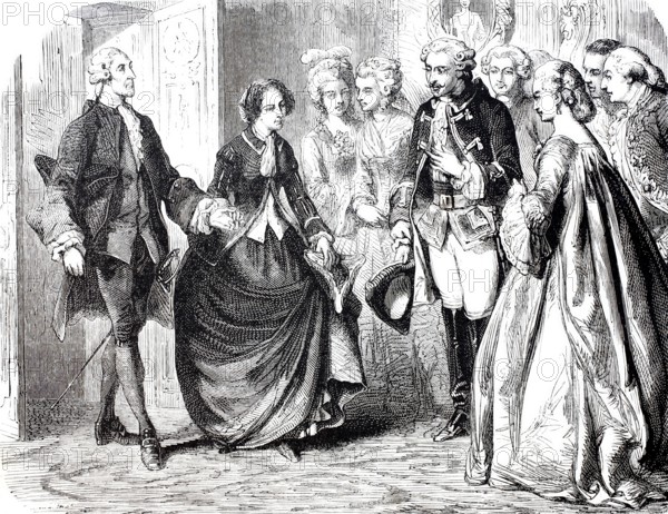 The Chevalier leads the lady into the hall with outstretched arm, 1870, distinguished society, ballroom, France, digitally enhanced reproduction from a 19th century model, historical, exact date unknown