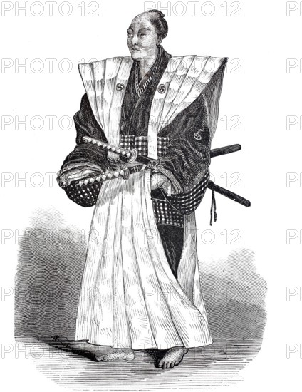 A distinguished Japanese man in traditional dress, in 1875, Japan, digitally enhanced reproduction from a 19th century original, historical, exact date unknown