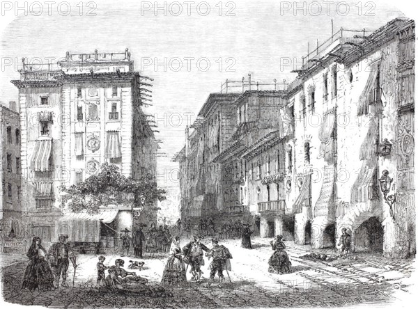 San Augustin Bella Square, 1875, Barcelona, Spain, digitally enhanced reproduction from a 19th century original, historical, exact date unknown