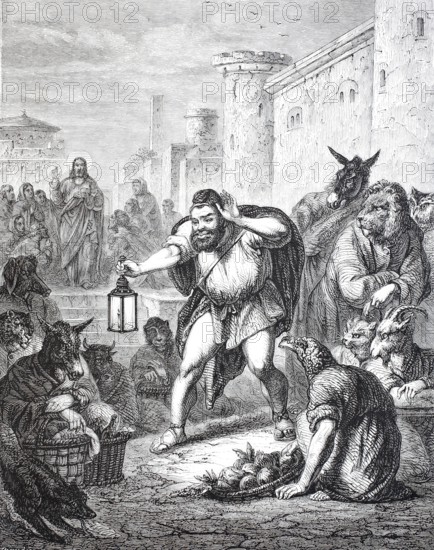 Aesop seeks a man, 1880, from Aesop's Fables, a collection of fables by Aesop, a deformed slave and storyteller, digitally enhanced reproduction from a 19th century original, historical, exact date unknown