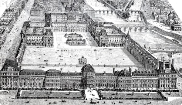 Overview of the Louvre and the Tuileries from the garden, c. 1880, Paris, France, digitally enhanced reproduction from a 19th century original, historical, exact date unknown