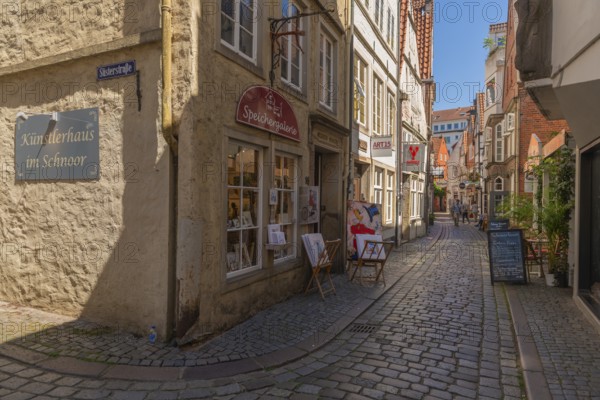 Renovated Schnoor neighbourhood with small shops, galleries, restaurants, cafés and residential buildings, flower pots, Gängeviertel in the old town, former fishermen's and boatmen's settlement, narrow alleys, pedestrian zone, numerous listed buildings, architecture of classicism, historicism, baroque and renaissance, tourist attraction, travel destination, pleasure, Hanseatic city of Bremen, Germany