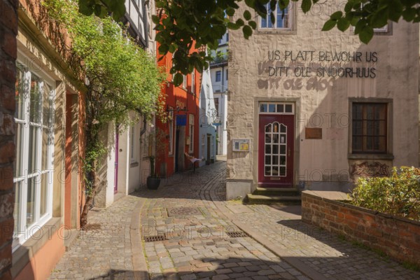 Renovated Schnoor district with small shops, Institute for Low German, Low German, galleries, restaurants, cafés and residential buildings, Gängeviertel in the old town, former fishermen's and boatmen's settlement, narrow alleys, pedestrian zone, numerous listed buildings, classicist, historicist, baroque and renaissance architecture, green facades, tourist attraction, travel destination, pleasure, Hanseatic city of Bremen, Germany