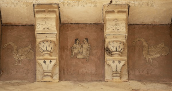 Wall painting in the Amber Fort or fortress, Kamasutra depiction, Jaipur, Rajasthan, India
