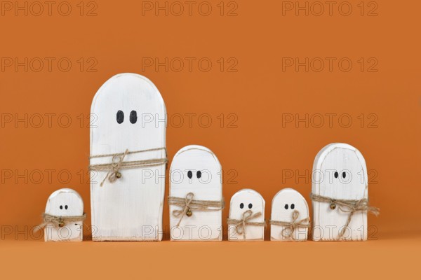 Cute wooden white Halloween ghost ornaments in a row on orange background
