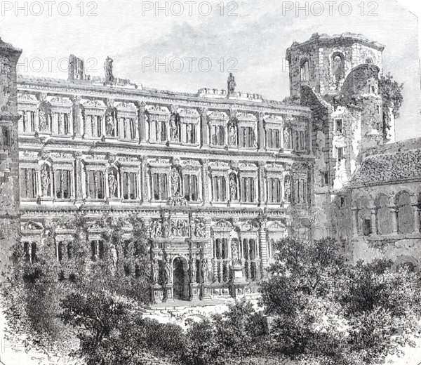 The faÃ§ade of the Otto Heinrich House in Heidelberg, around 1870, Germany, digitally enhanced reproduction from a 19th century model, historical, exact date unknown