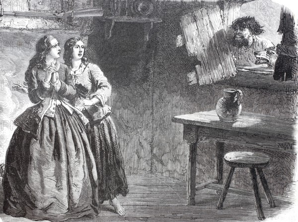 Two young woman are frightened because a man with a wolf is looking in through the window, 1875, digitally enhanced reproduction from a 19th century model, historical, exact date unknown