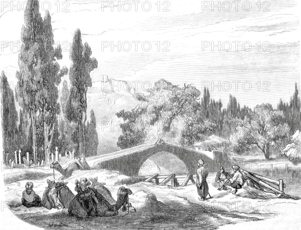 The caravan bridge near Smyrna around 1865, today Izmir, Turkey, digitally enhanced reproduction from a 19th century model, historical, exact date unknown