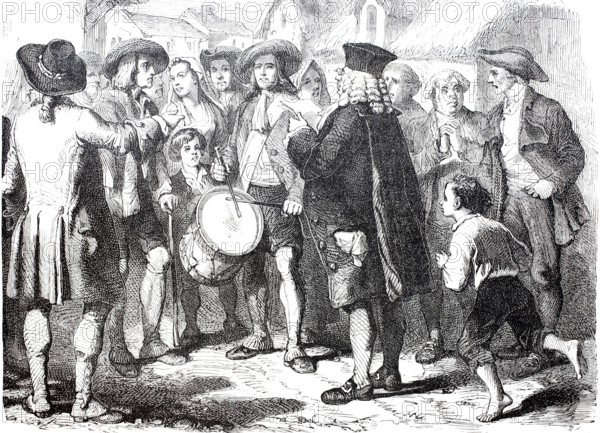 A mayor, an official in charge of the legal system, reads a proclamation to the people, 1870, France, digitally enhanced reproduction of a 19th century original, historical, exact date unknown