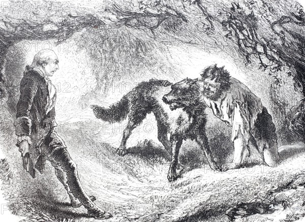 Elegant man meets a derelict hermit with a pet wolf in the forest, 1875, Novel illustration, digitally enhanced reproduction from a 19th century original, Historical, exact date unknown