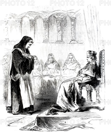 Life in the monastery, monks, a prior, the head of the monastery, bows to the bishop, 1860, digitally enhanced reproduction from a 19th century original, historical, exact date unknown